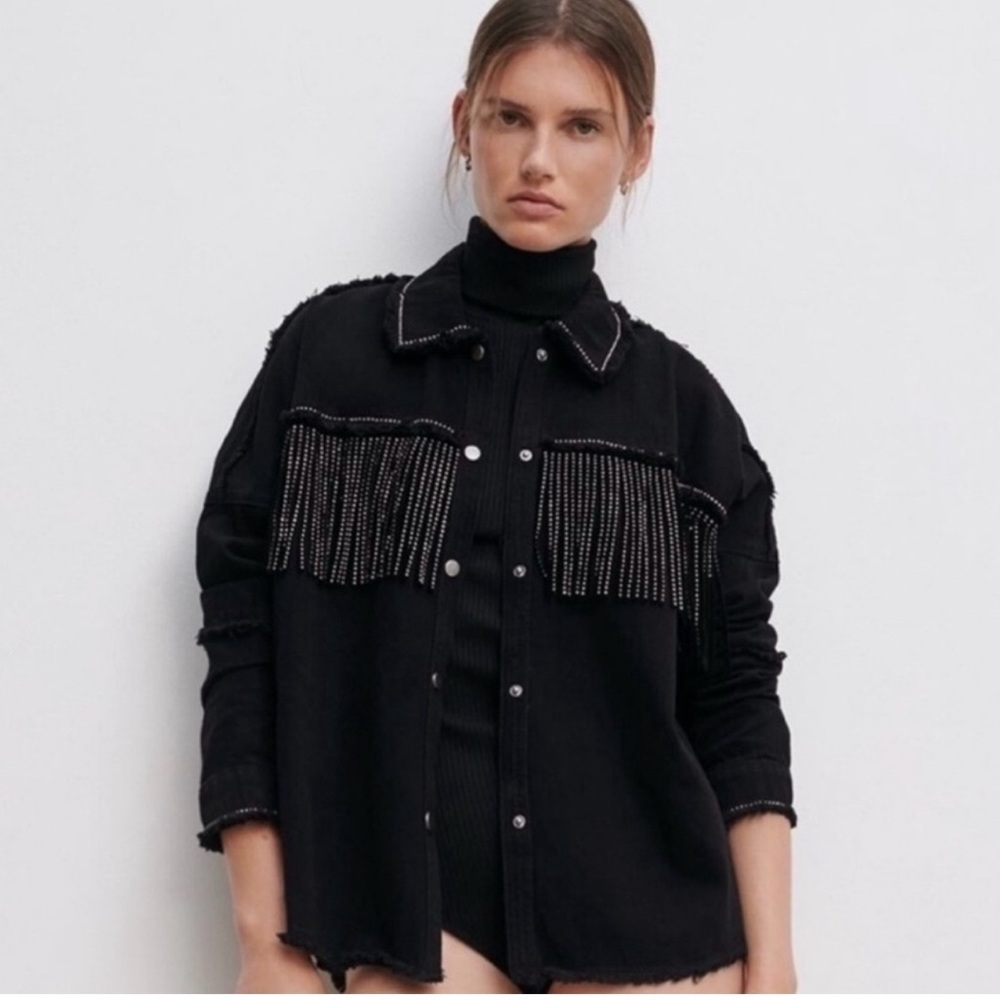 Zara Sequin Bejeweled Fringe Black Denim Jacket